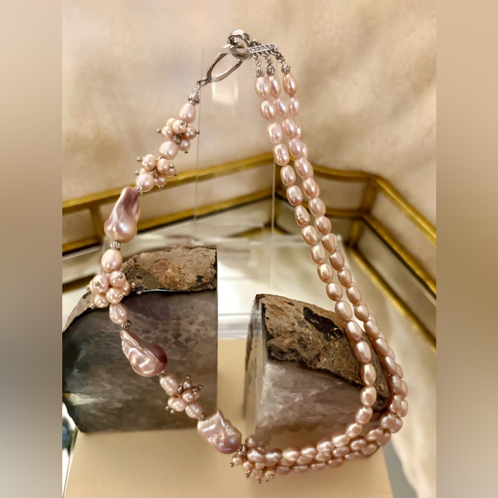 Handmade Pink Freshwater Pearl Necklace • Keshi Flameball Baroque, Rhodium Clasp